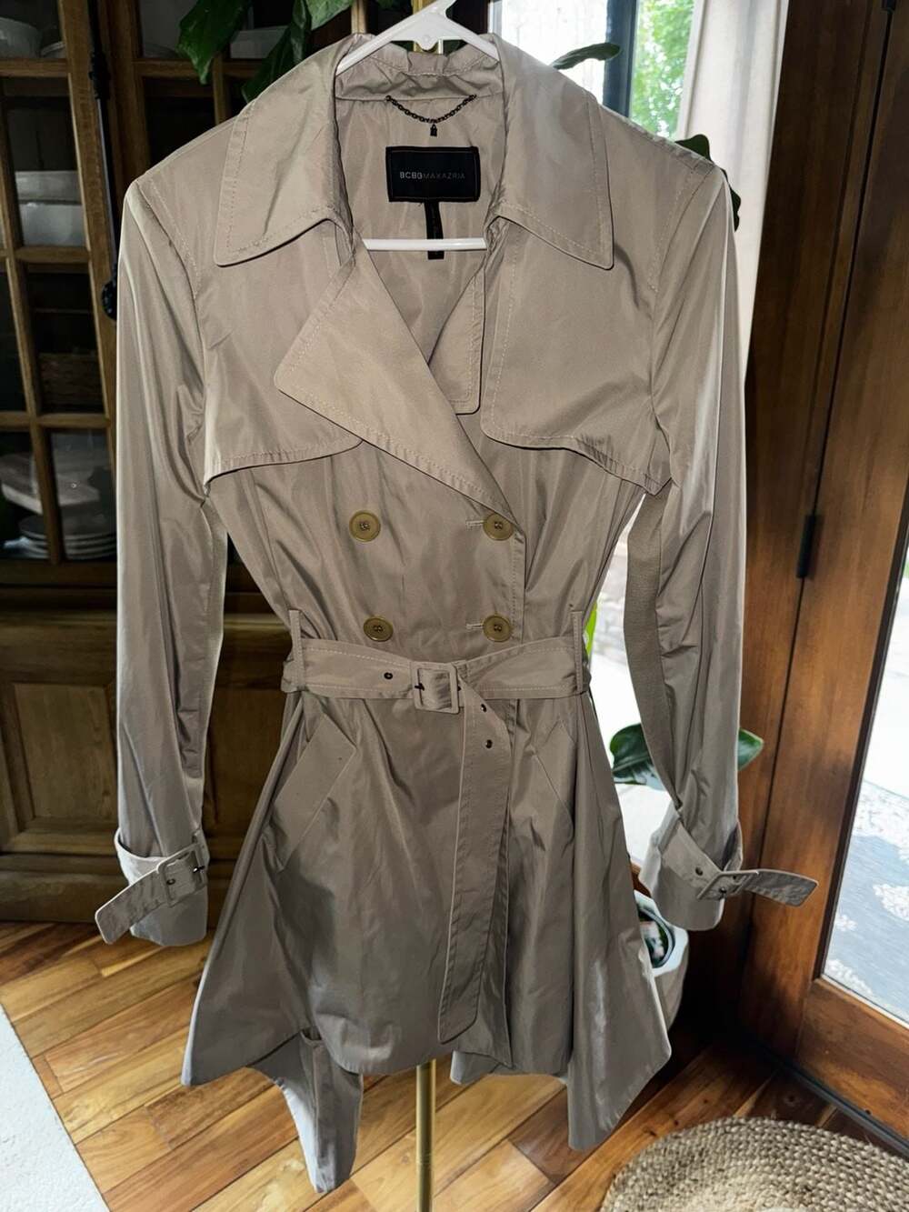 BCBG Max Azria Ophelia Trench Coat Size S Pumice Gray Ruffled Double Breasted